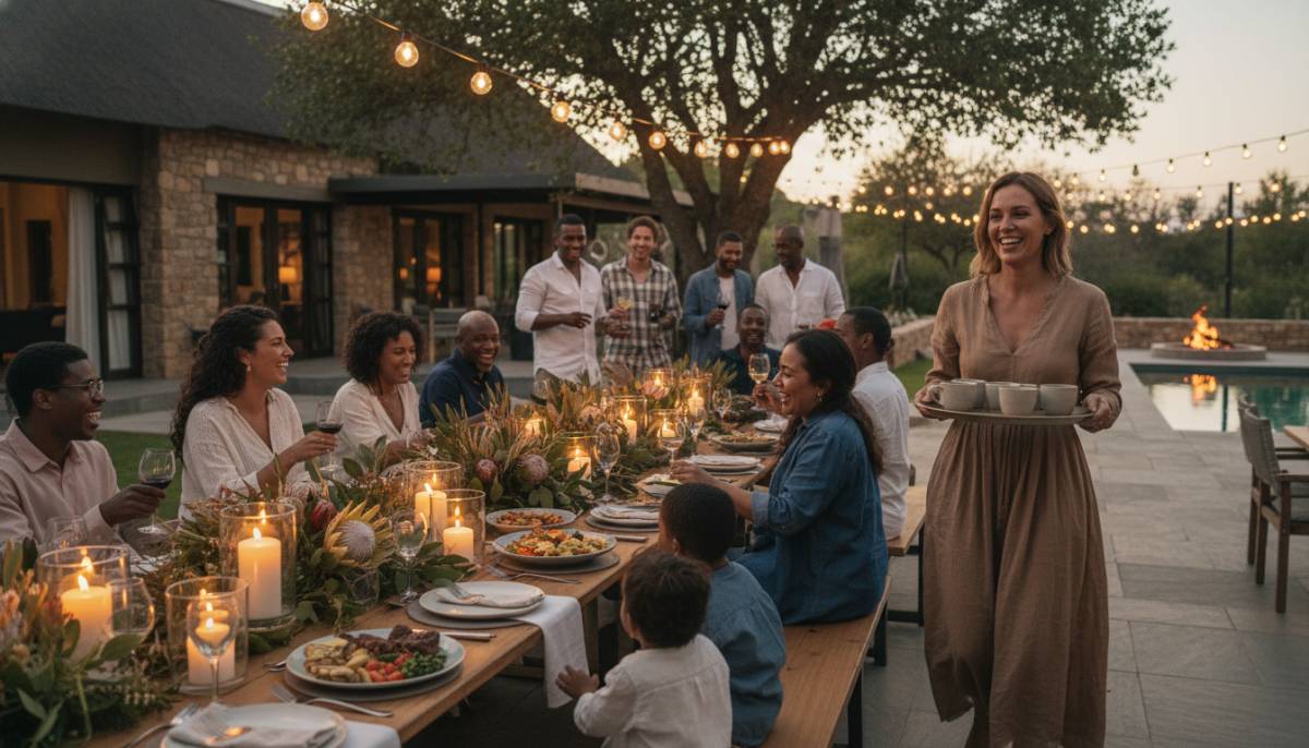 Host carrying coffee cups at a family dinner