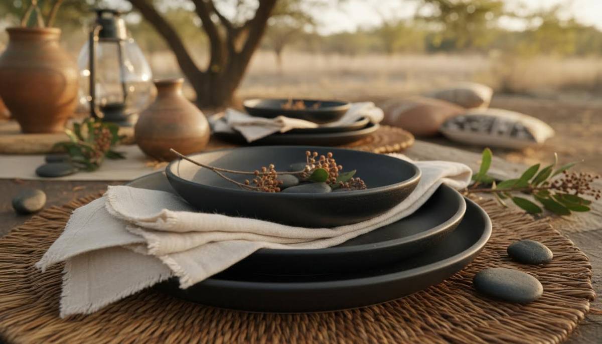 Dark ceramic plates with linen napkins