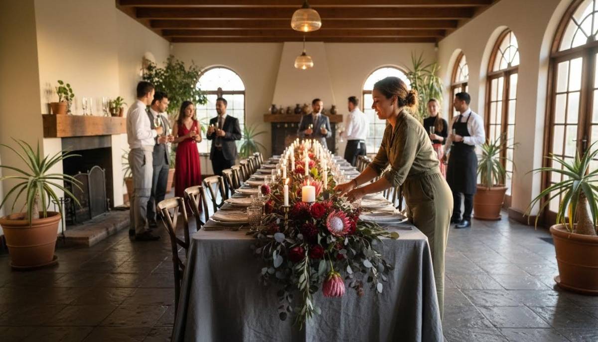 Stylist arranging a dinner table with guests nearby