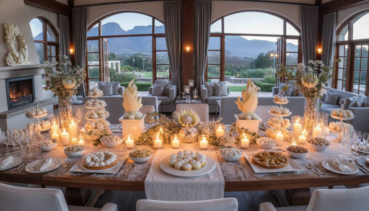 Winter dessert table with white decor and warm lighting