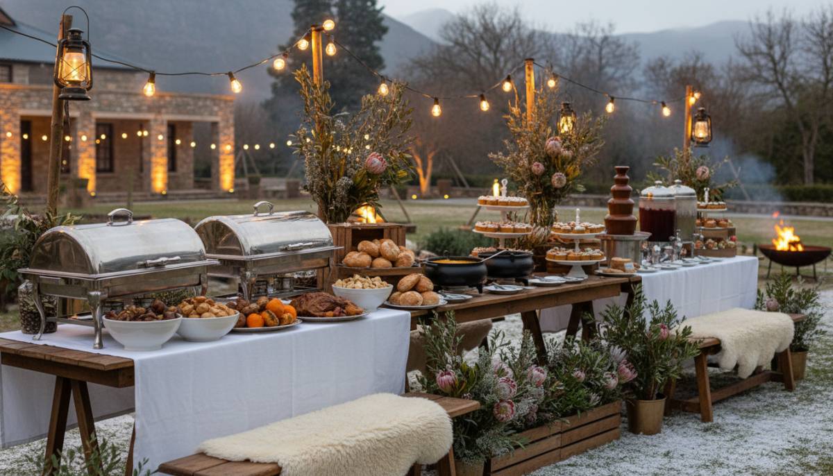 Winter party food stations set up before guests arrive