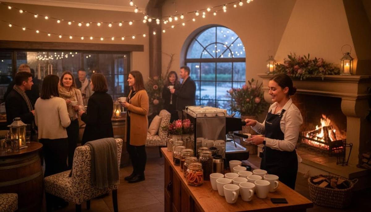 Adults chatting near a coffee station at a winter party