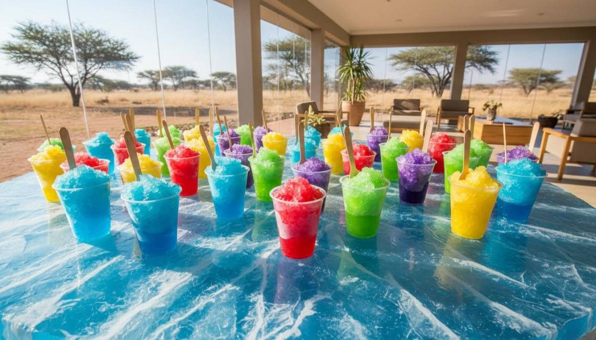 Snow cone cups on a winter themed table