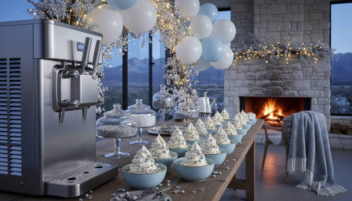 Soft serve dessert station with winter toppings