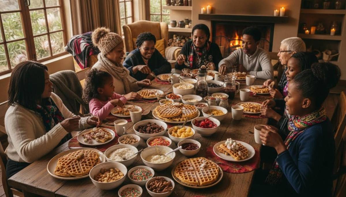 Guests building waffle desserts at a winter party