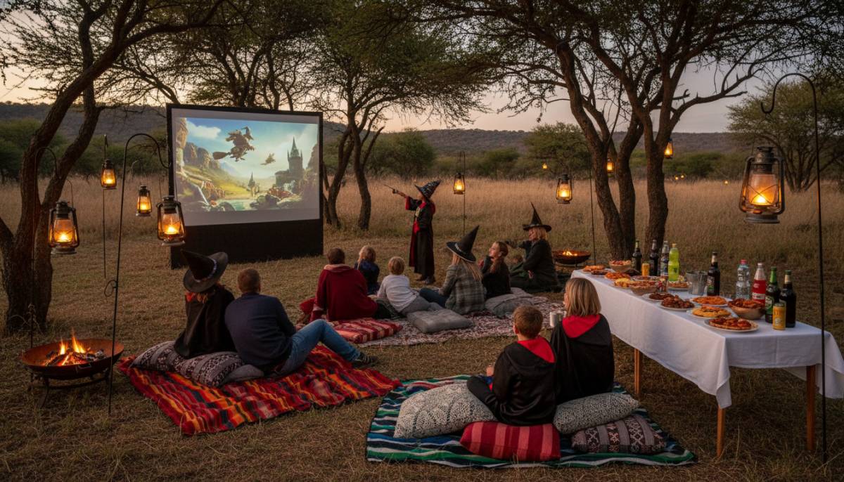 Outdoor wizard cinema party with families watching