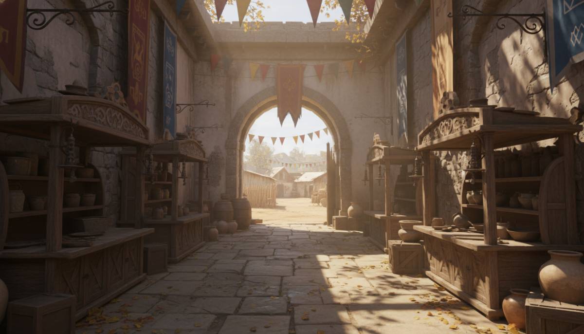 Wizard market alley setup with lanterns