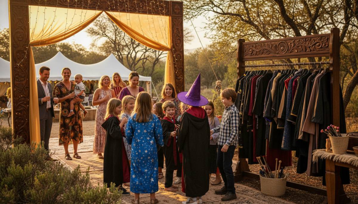 Children choosing wizard robes at the entrance