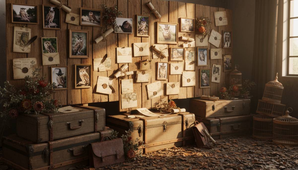 Owl post photo wall with trunks and letters