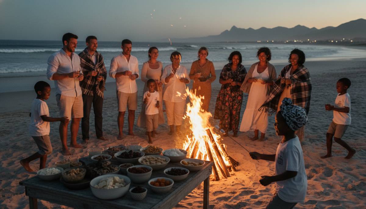 Family celebrating near bonfire snacks