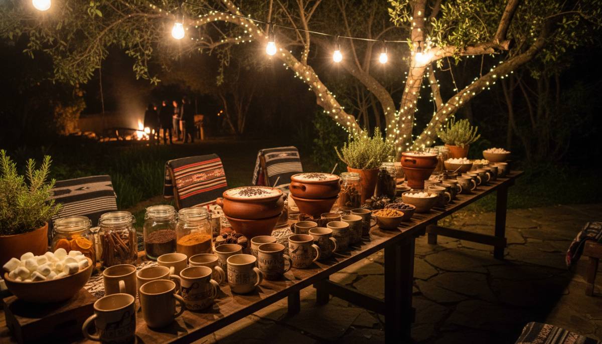 Hot chocolate station for a bonfire gathering