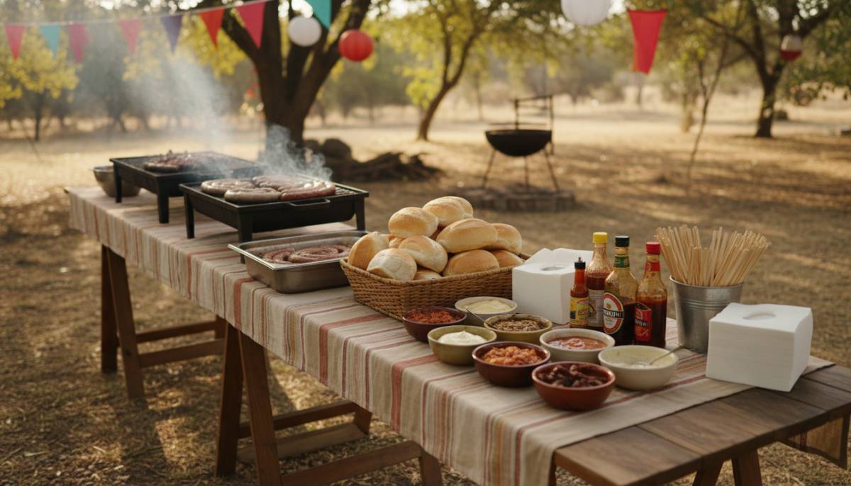 Boerie roll station at a bonfire