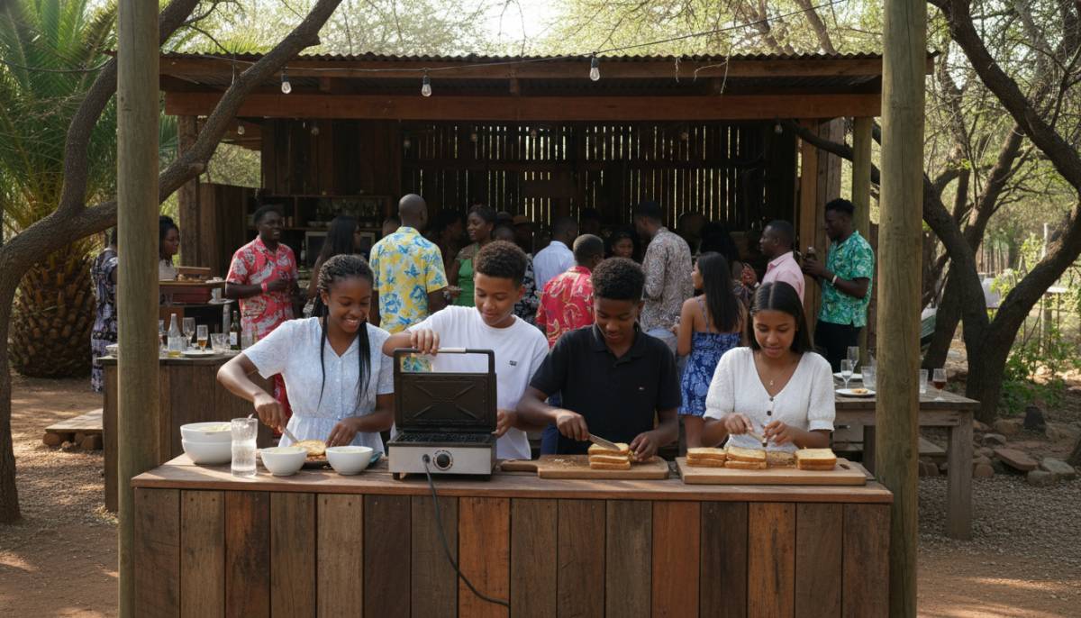 Teenagers making toasties at a bonfire gathering