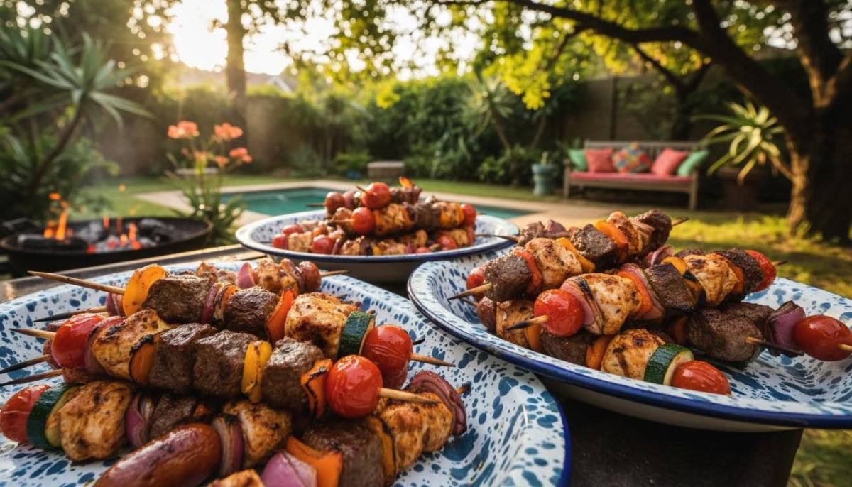 Braai skewers served on trays beside a bonfire