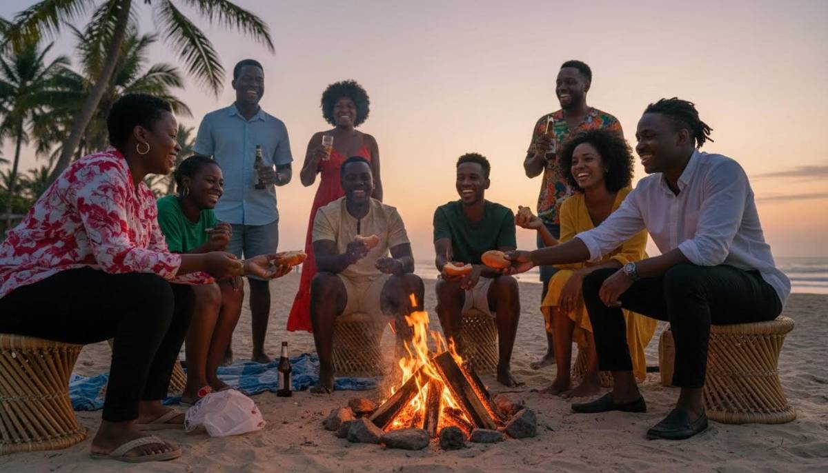 Guests eating vetkoek around a bonfire