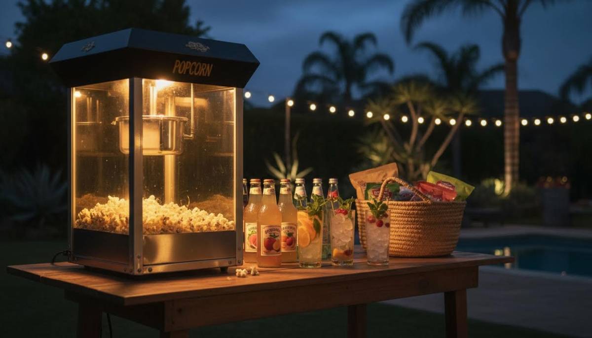 Popcorn machine set up near a bonfire drinks table