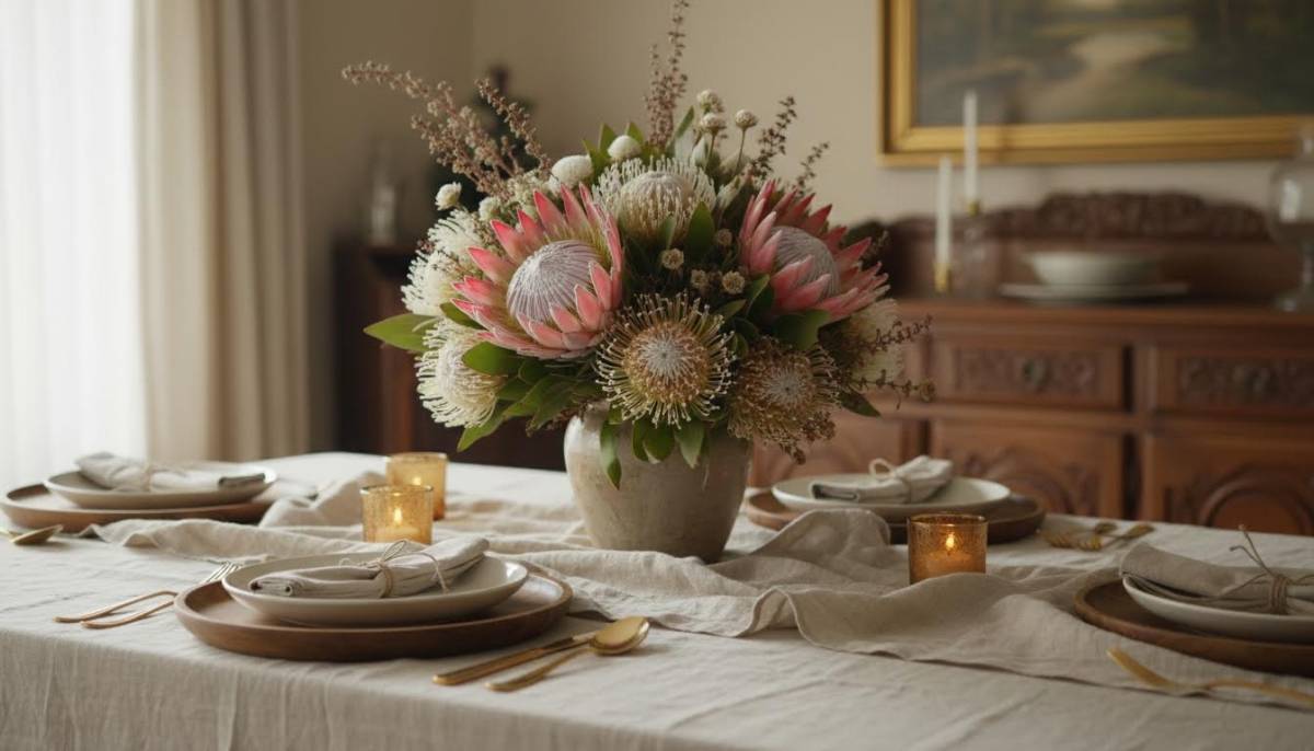 Simple table decor with proteas and neutral linen