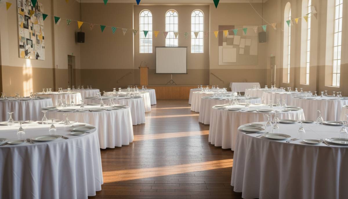 Empty hall with rented tables and linen