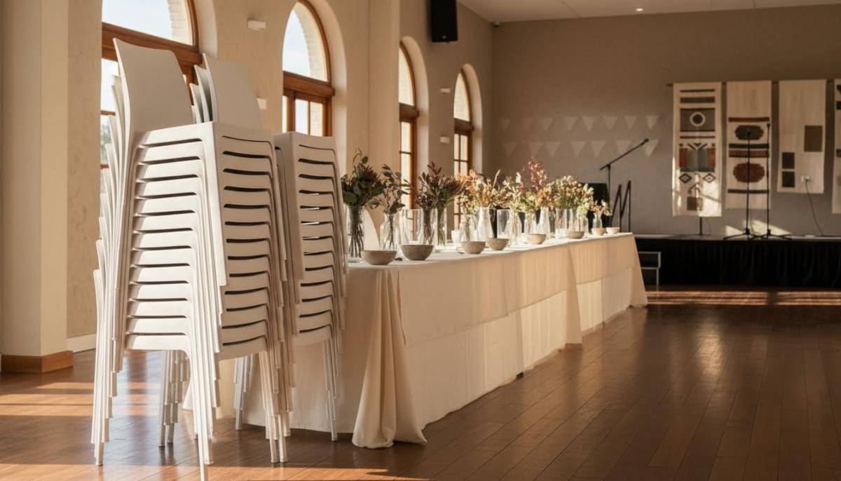 Stack of event chairs beside a setup table