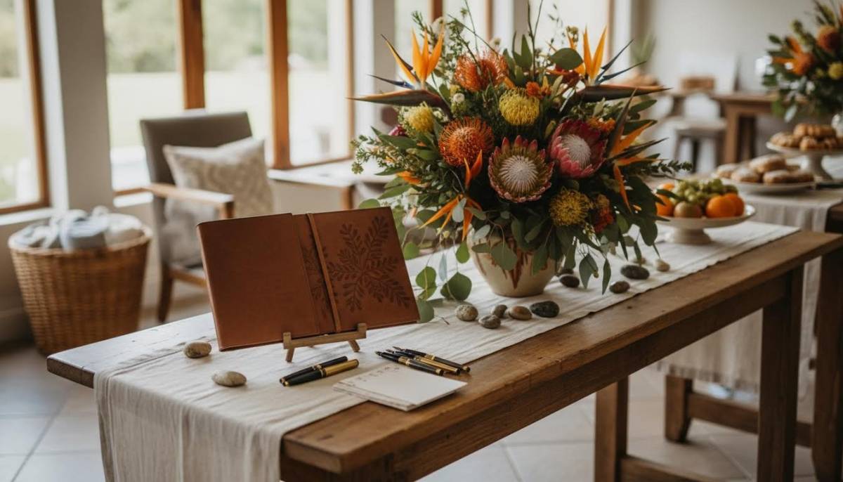 Welcome table with guest book and flowers