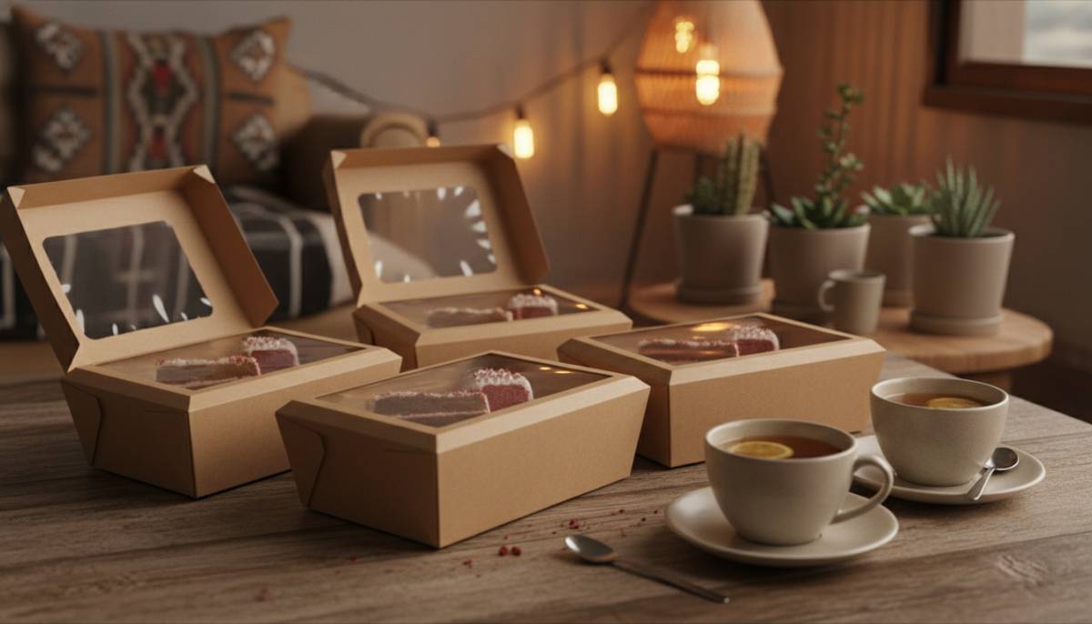 Cake slices in takeaway boxes beside tea cups