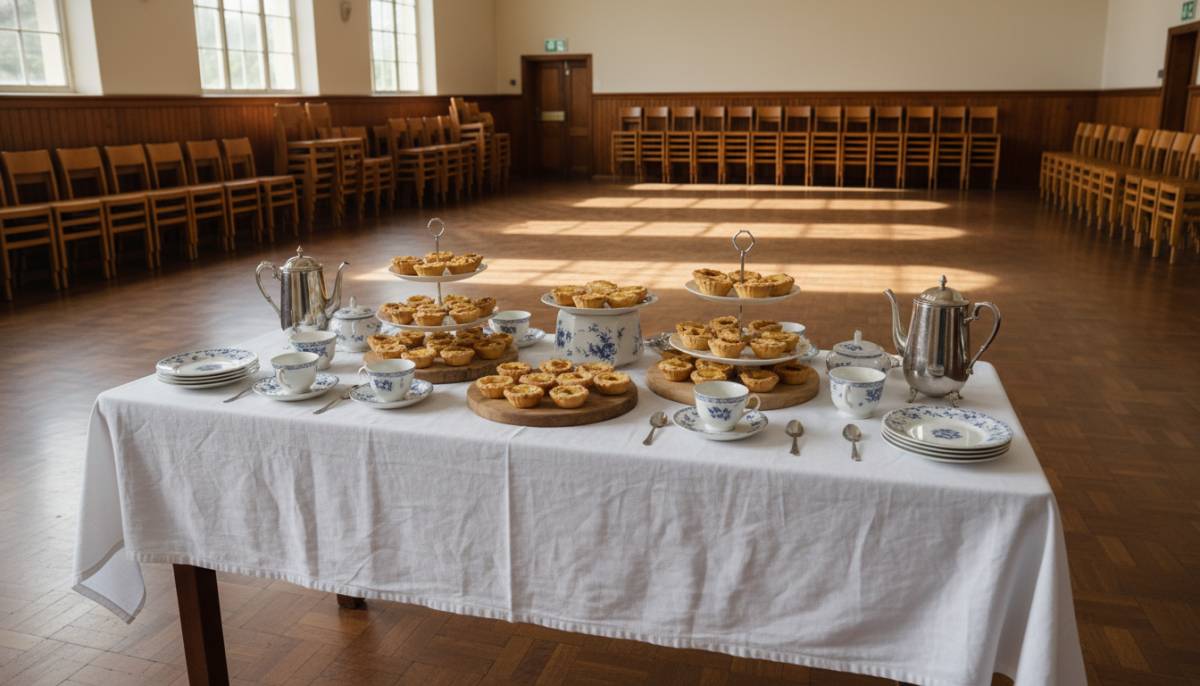 Tea table with mini milk tarts and cups in a school hall