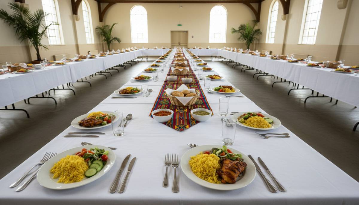 Plated lunch setup in a community hall