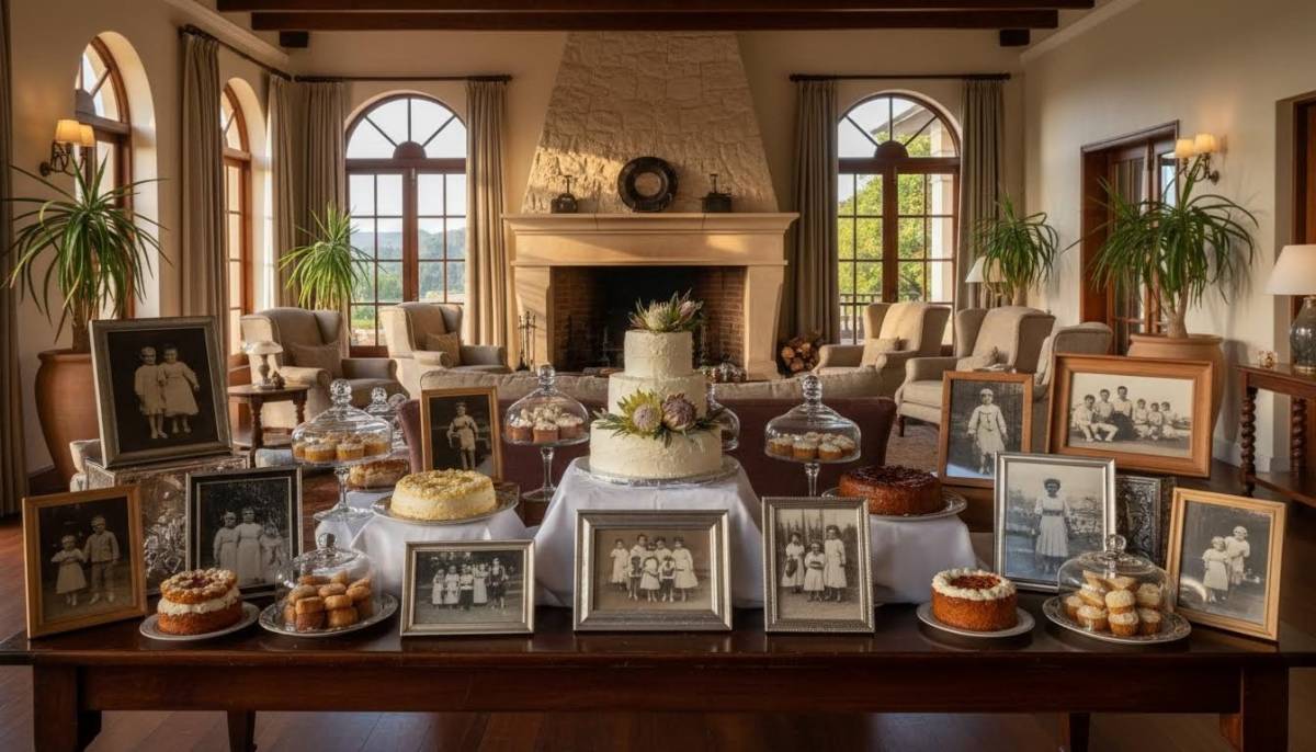 Cake table with family photos in a clubhouse