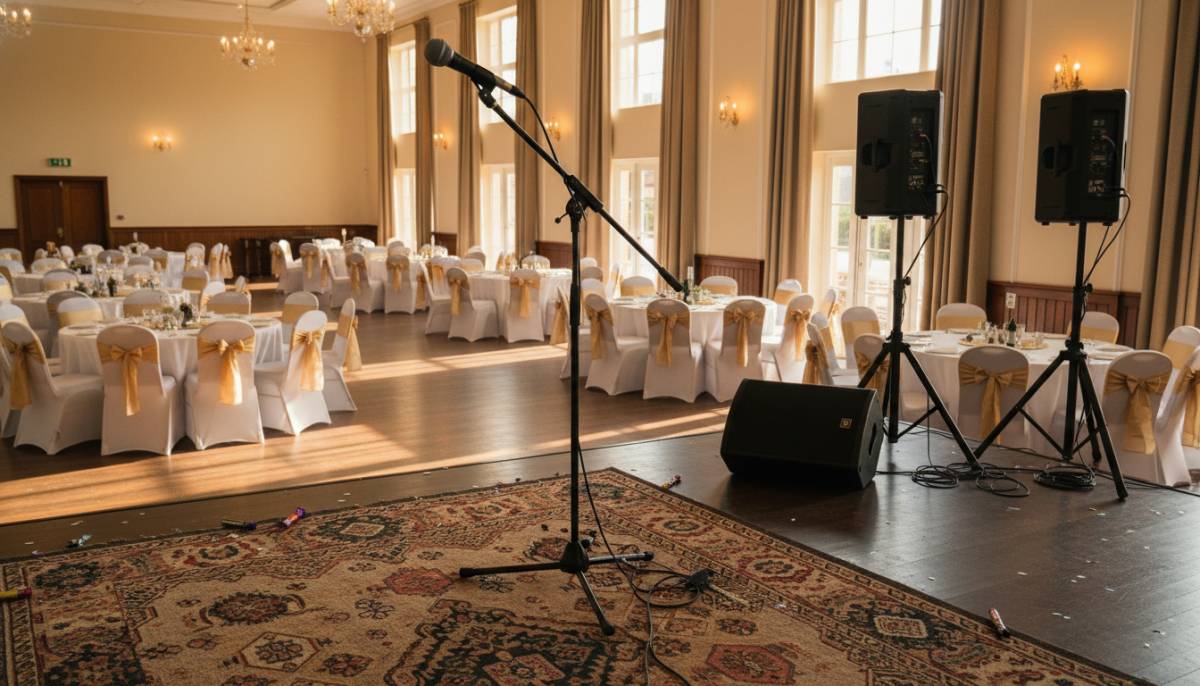 Microphone and compact speaker setup in a hall