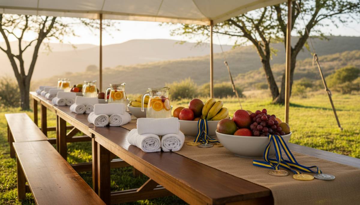 Fitness party setup with towels, fruit water and medals