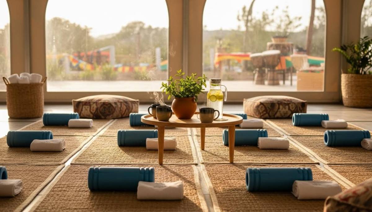 Recovery lounge with mats and cold towels