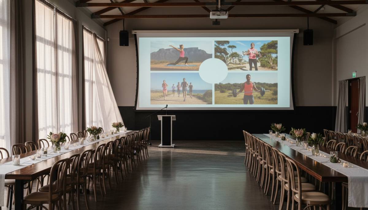 Party hall set up with a screen and microphone