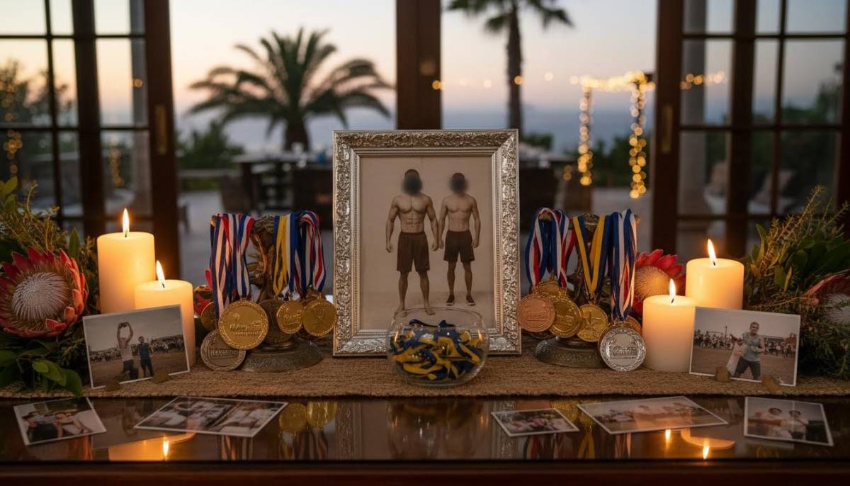 Fitness awards table with medals and candles