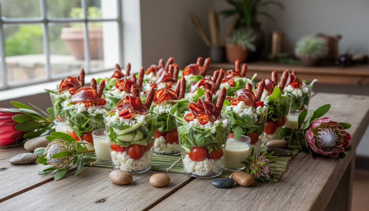 Healthy snack cups on a wooden table