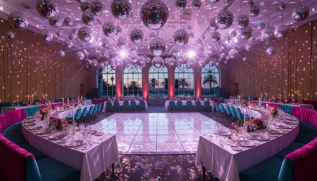 A disco dinner room with a lit dance floor and mirrored balls