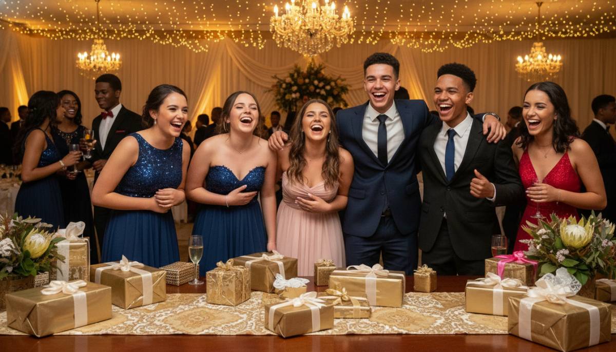Teen guests laughing around gift table
