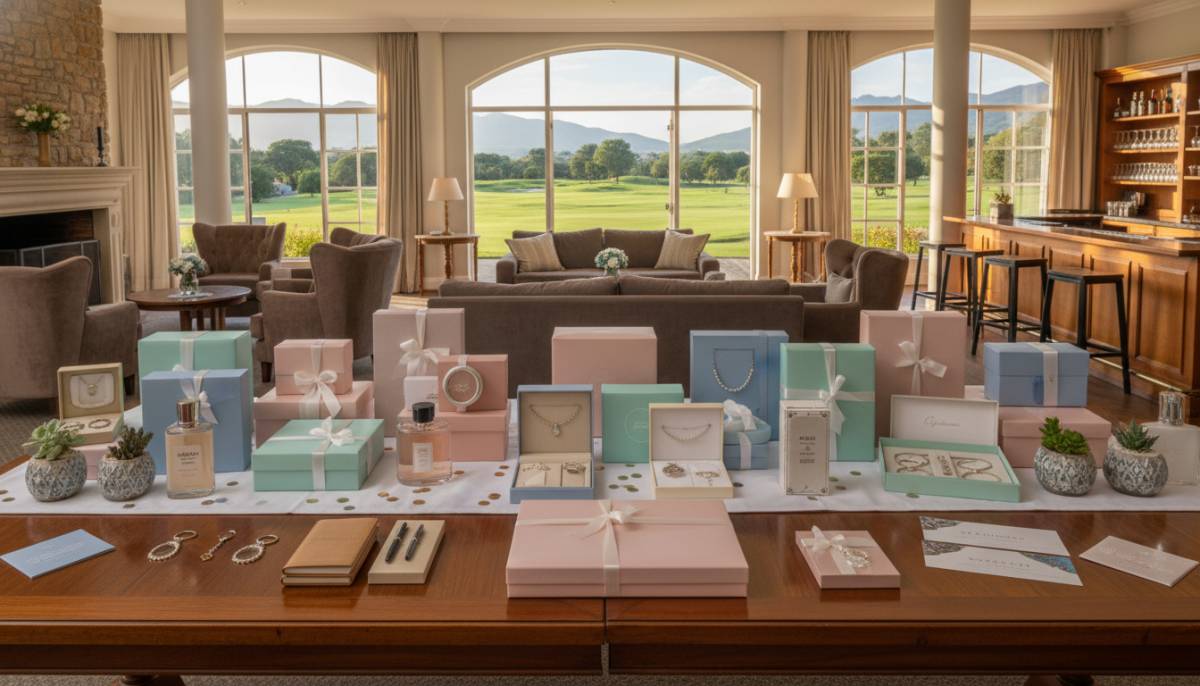 Gift options arranged on a long table