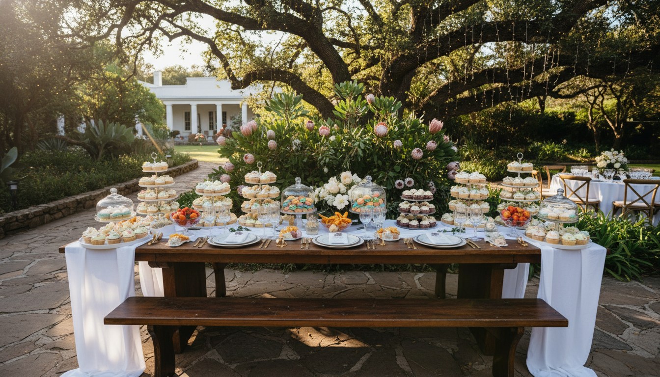 Dessert bar with small cakes and macarons