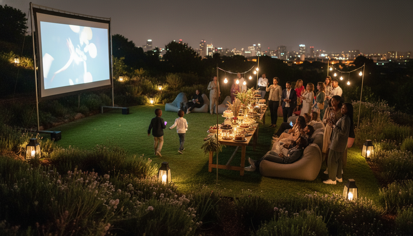 Outdoor movie birthday setup with guests and cake