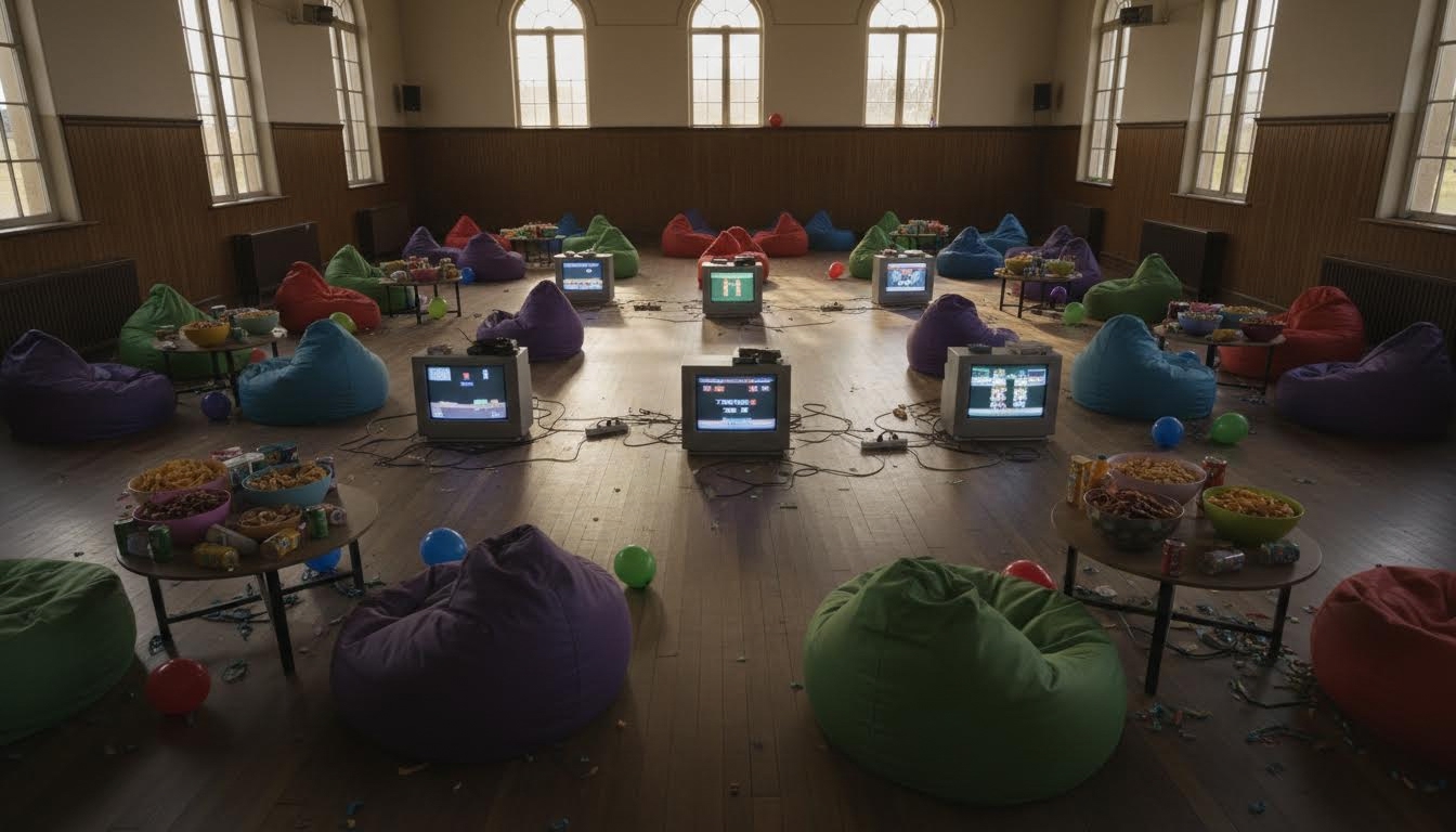 Retro gaming birthday setup in a hall