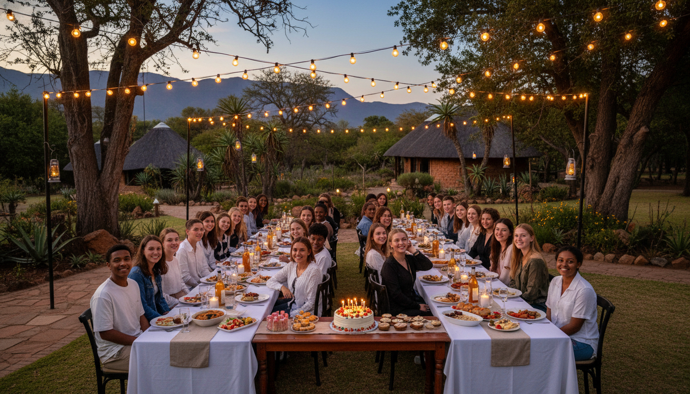 Teen guests eating at outdoor party tables