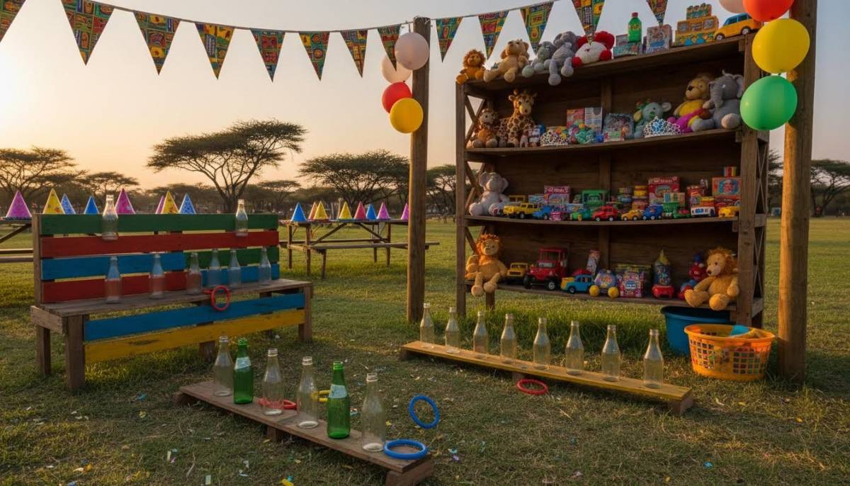 Carnival game setup with prizes at a birthday venue