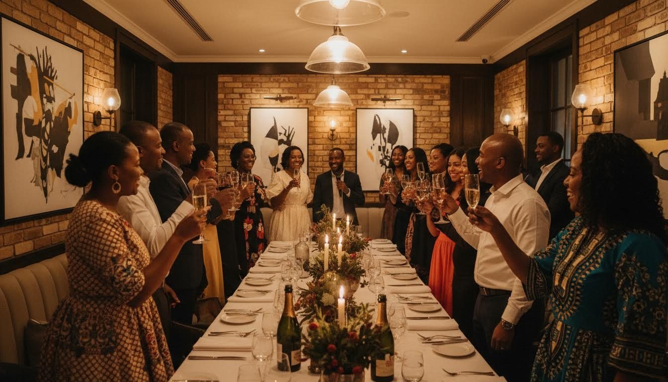 Guests toasting at a softly lit birthday dinner