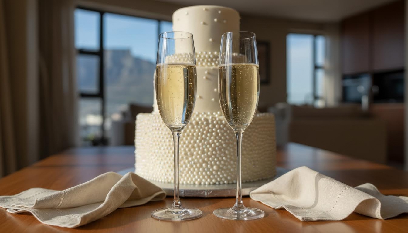 Champagne glasses and linen napkins for a 25th birthday
