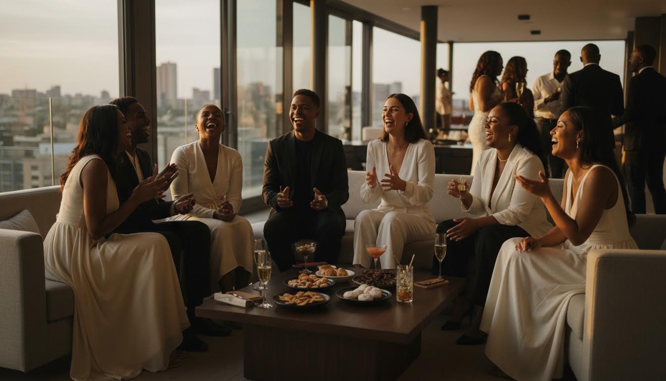 Friends gathered around a lounge table at a birthday