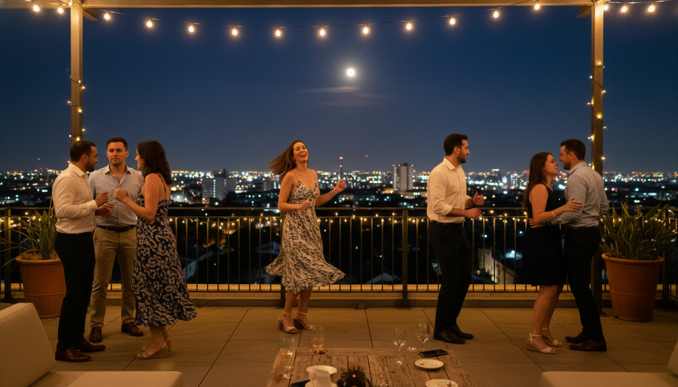 Guests dancing on a terrace at a 25th birthday