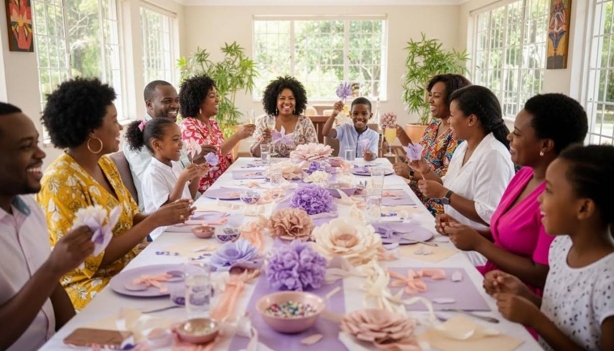 Family celebrating at a lilac and peach craft table