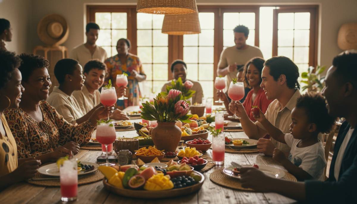 Family celebrating with pink mocktails