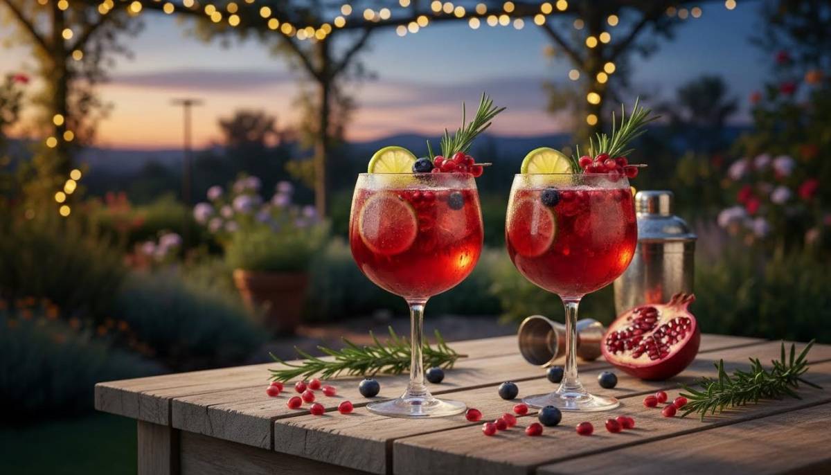 Pomegranate mocktails under garden lights