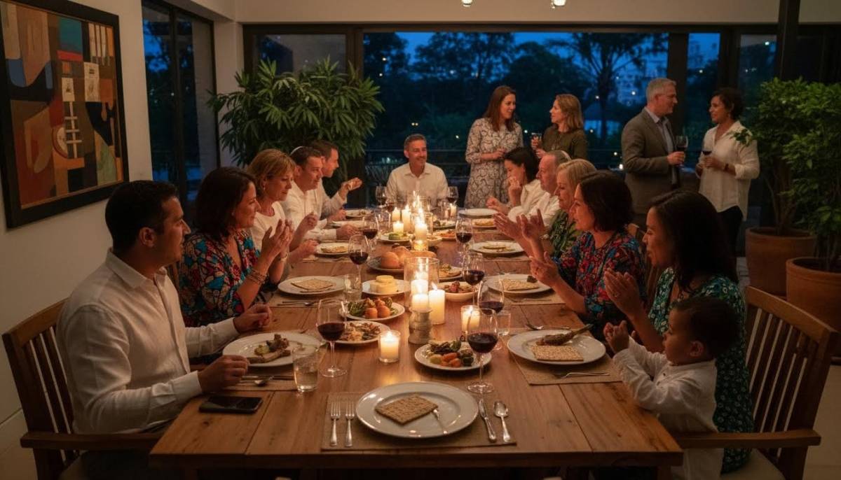 Family seated at a long Passover table